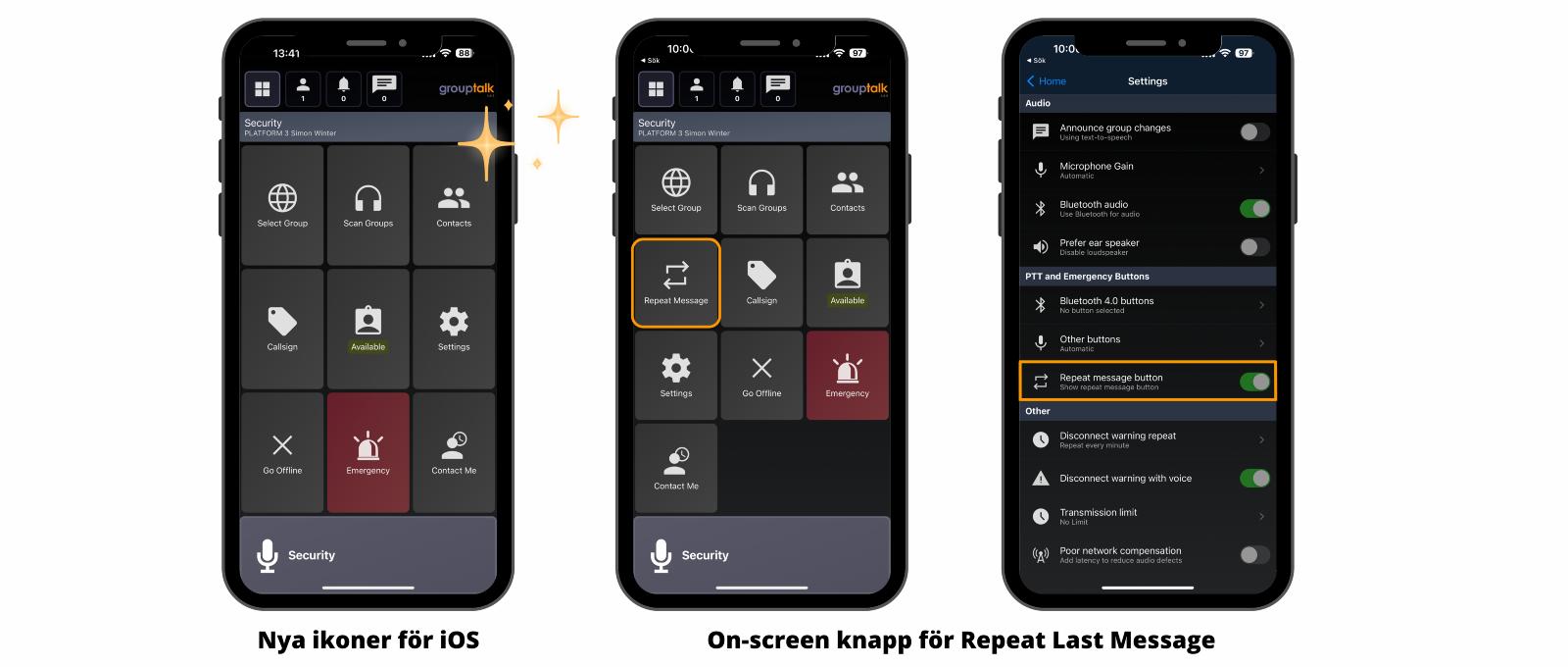 GroupTalk appens ikoner för Push to talk grupper, status, call sign, överfallslarm