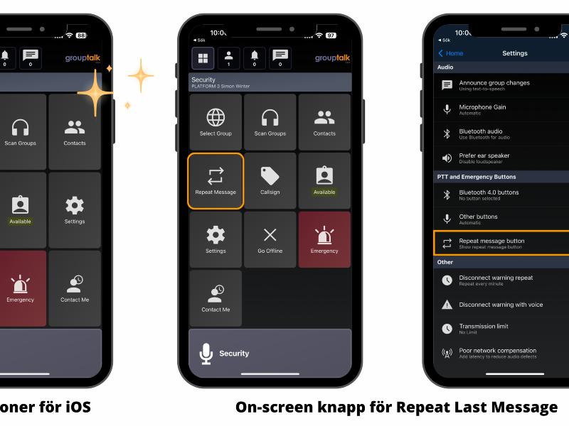 GroupTalk appens ikoner för Push to talk grupper, status, call sign, överfallslarm